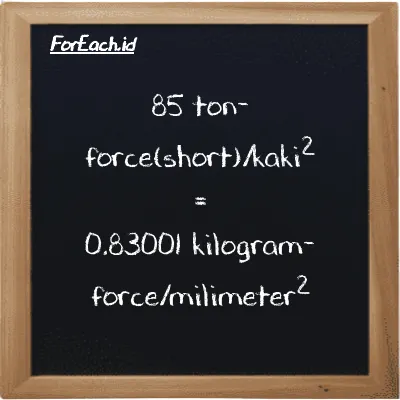 85 ton-force(short)/kaki<sup>2</sup> setara dengan 0.83001 kilogram-force/milimeter<sup>2</sup> (85 tf/ft<sup>2</sup> setara dengan 0.83001 kgf/mm<sup>2</sup>)